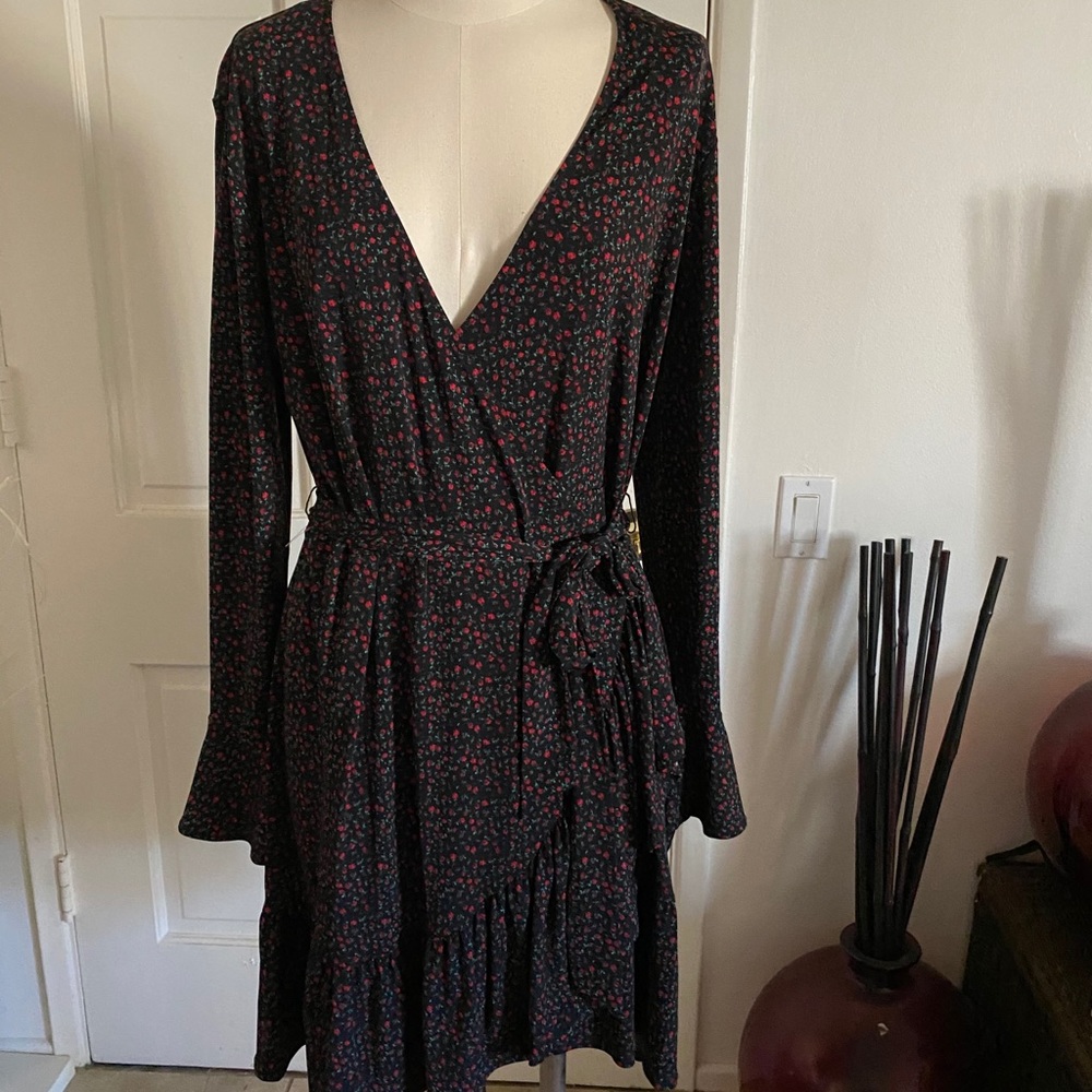 Michael Kors Black and Red Floral Midi Dress